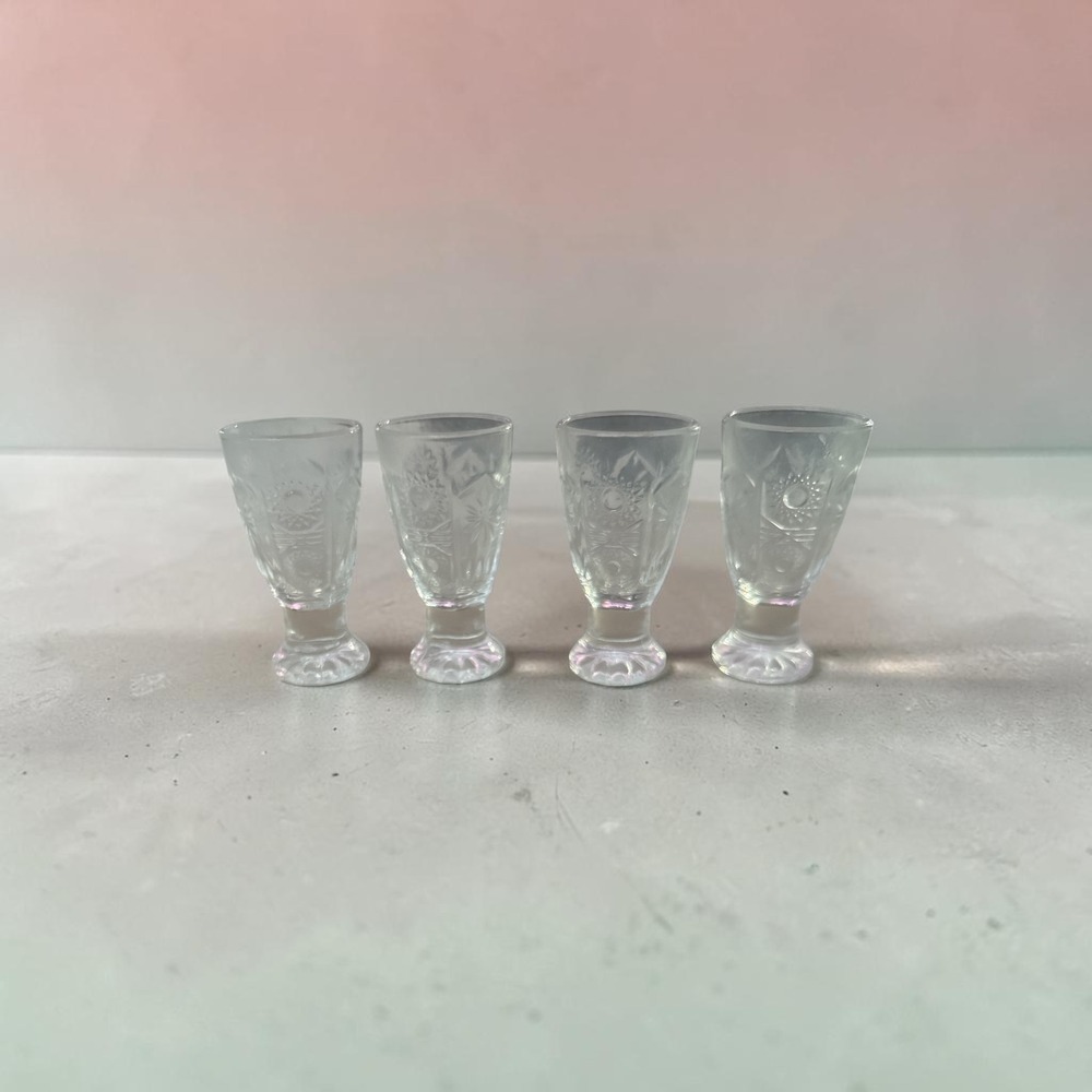 Vintage Clear Pressed Glass Cordial Glasses Set of 4 Starburst Footed Barware